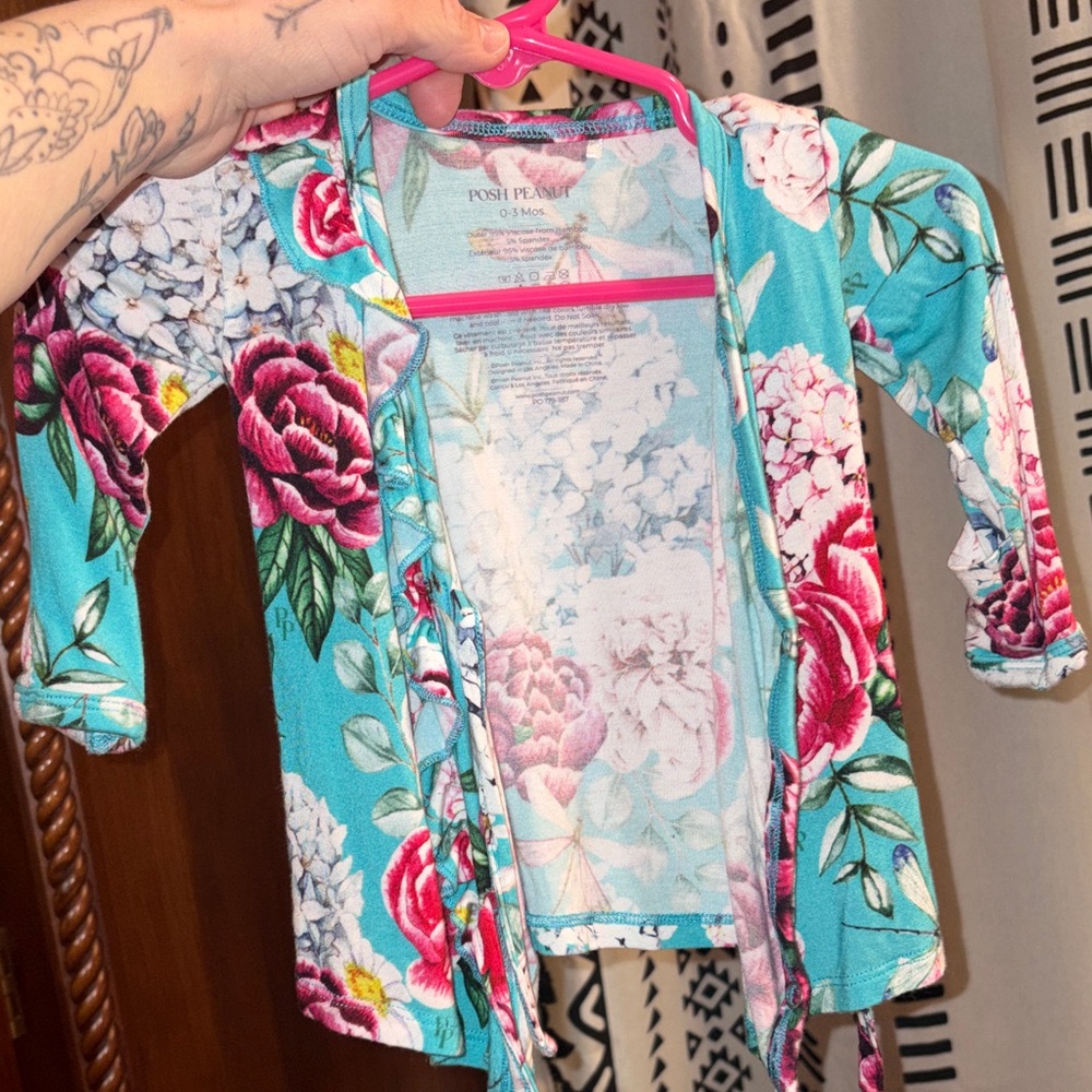 Posh Peanut Turquoise Floral Baby Kimono Cardigan shirt 0/3 months